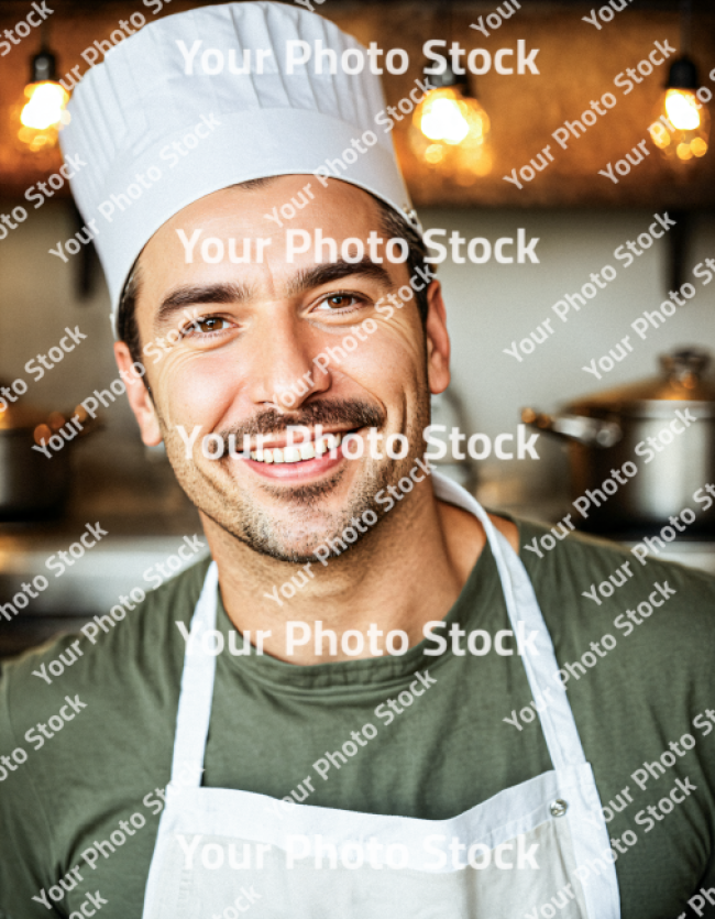 Stock Photo of Chef man with green tshirt and white chef hat in the kitchen young with beard