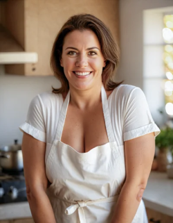 Woman chef influencer in the kitchen using white using white apron