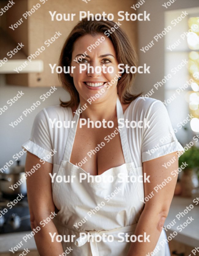 Stock Photo of Woman chef influencer in the kitchen using white using white apron