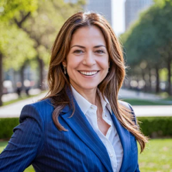 Stock Photo of Executive woman with blue jacket long hair brown in the park
