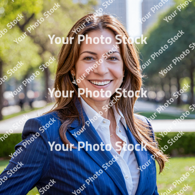 Stock Photo of Executive woman with blue jacket long hair brown in the park