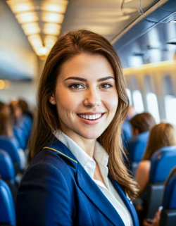 Young woman on airplane stewardess long hair
