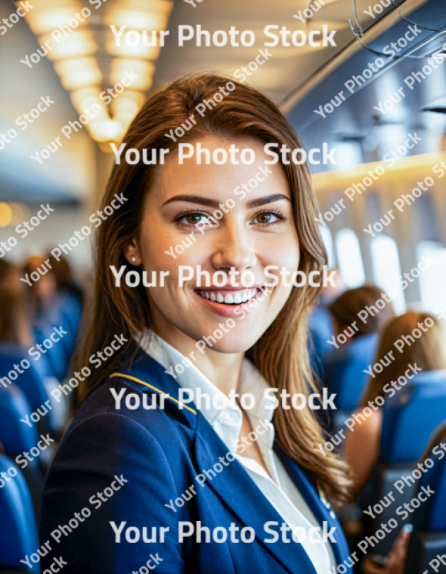 Stock Photo of Young woman on airplane stewardess long hair