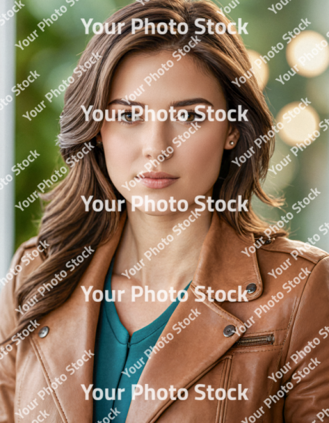 Stock Photo of Young woman model with leather jacket neutral expression long hair  in the park