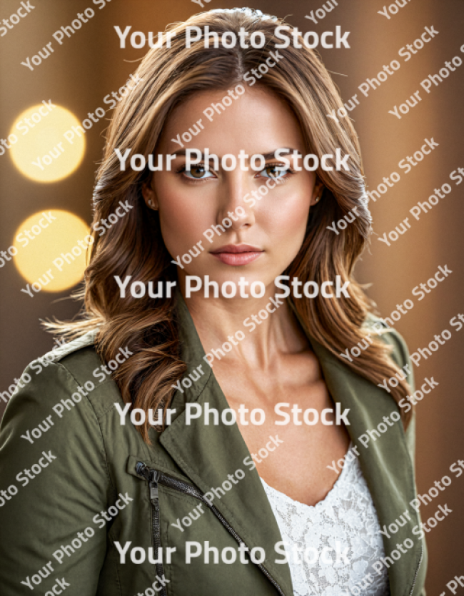 Stock Photo of Model young woman using green jacket nuetral expression