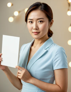 Asian woman holding a sign white with blue tshirt