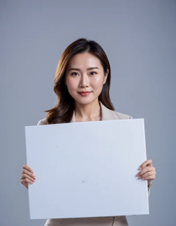 Woman asian holding a big sign white long hair