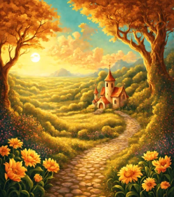 Stock Photo of Castle in the landscape illustration sunset orange warm