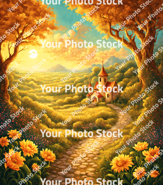 Stock Photo of Castle in the landscape illustration sunset orange warm