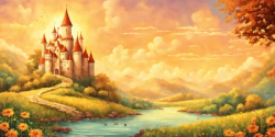 Stock Photo of Castle in the landscape illustration sunset orange warm with river