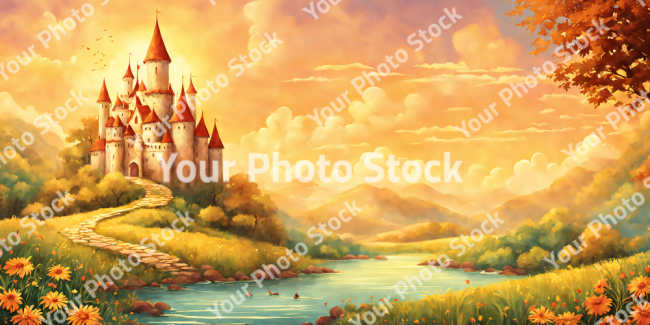 Stock Photo of Castle in the landscape illustration sunset orange warm with river