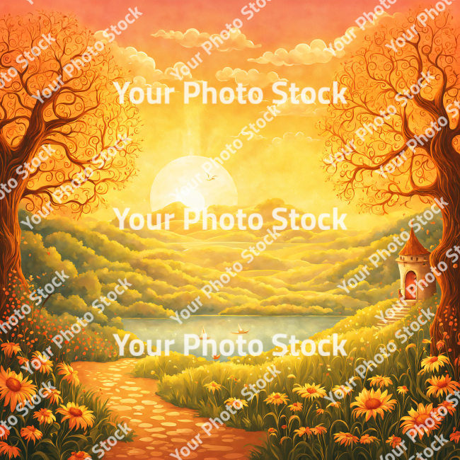 Stock Photo of Sunrise in the landscape illustration sunset orange warm