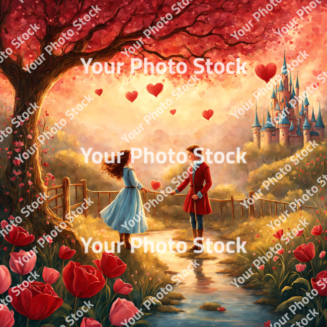 Stock Photo of Couple in the landscape illustration with hearts red orange warm