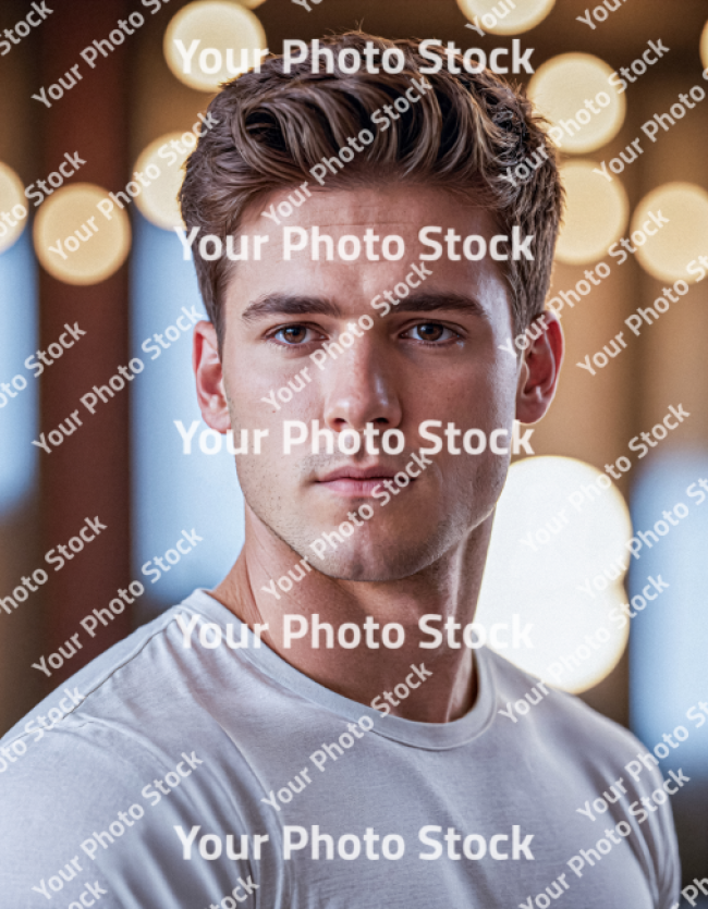 Stock Photo of Young blonde american man using white tshirt and defocus background