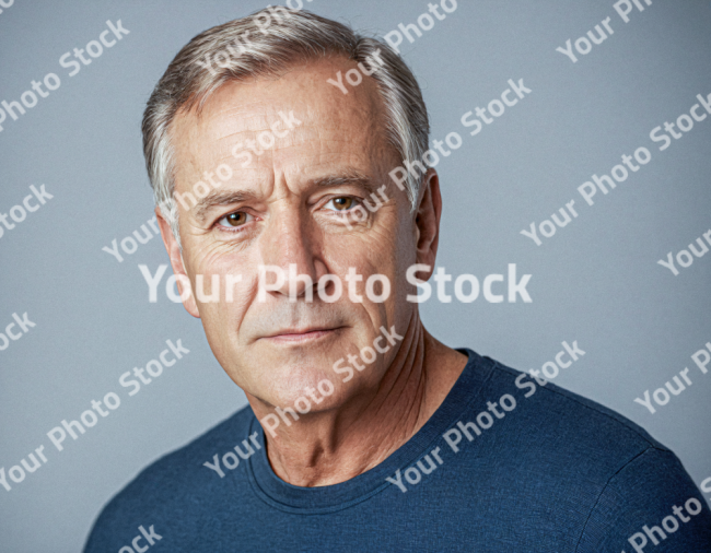 Stock Photo of Old man white hair american man using blue tshirt and grey background