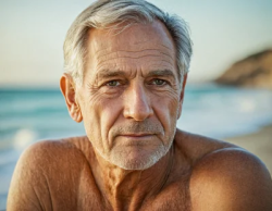 Old man white hair american man in the beach sunset