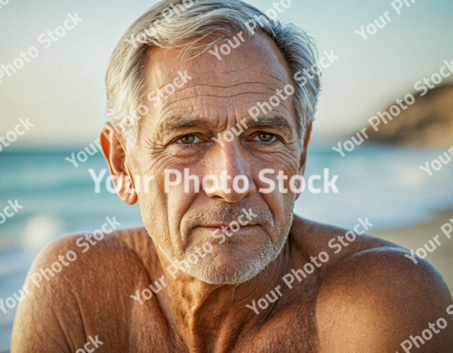 Stock Photo of Old man white hair american man in the beach sunset