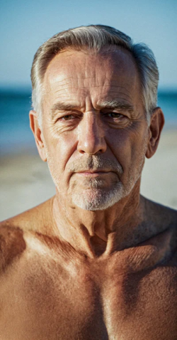 Old man white hair american man in the beach sunset muscle