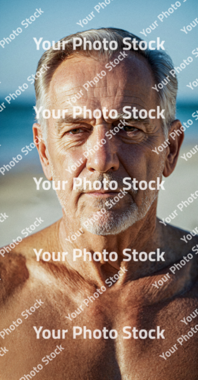 Stock Photo of Old man white hair american man in the beach sunset muscle