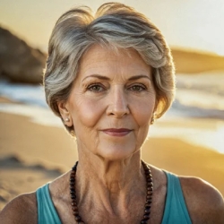 Old woman short hair grey in the beach with sunset looking the camera