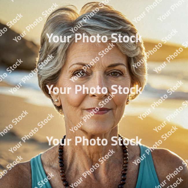 Stock Photo of Old woman short hair grey in the beach with sunset looking the camera