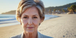 Stock Photo of Old woman short hair grey in the beach with sunset looking the camera