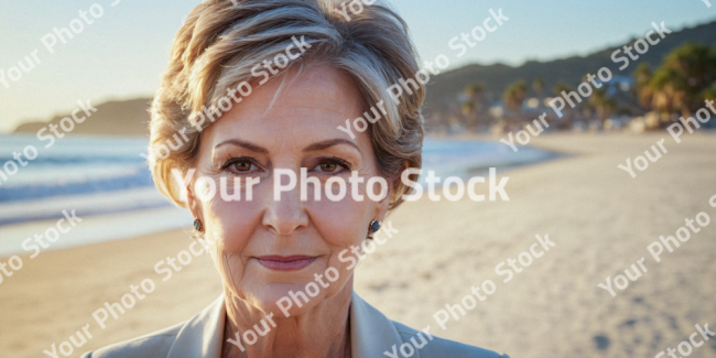 Stock Photo of Old woman short hair grey in the beach with sunset looking the camera