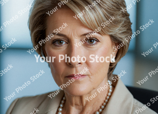 Stock Photo of Old woman short hair grey in the beach with sunset looking the camera