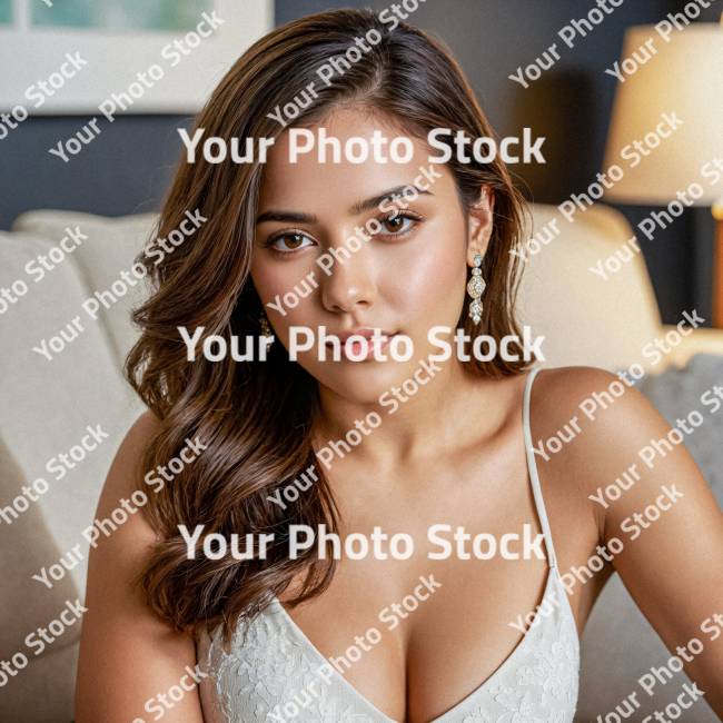 Stock Photo of Latina woman model long hair looking the camera in the sofa