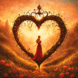 Heart illustration woman character with red flowers in sunset princess love romantic