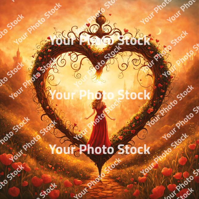 Stock Photo of Heart illustration woman character with red flowers in sunset princess love romantic