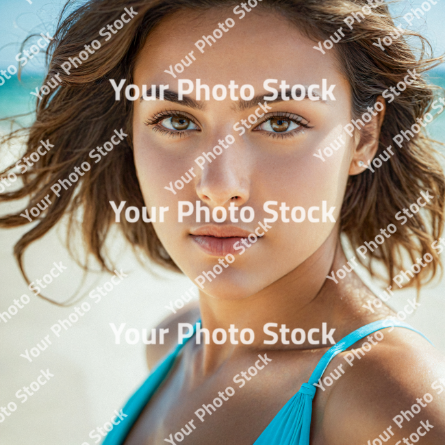 Stock Photo of Young woman in the beach hair in the wind looking the camera model