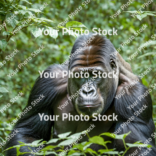 Stock Photo of Gorilla in the jungle looking to camera relax with branches