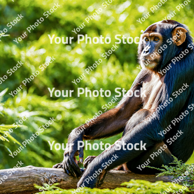 Stock Photo of Monkey chimpanzee in the nature tree looking the camera sunset