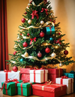 Stock Photo of Christmas tree with gifts and decorations