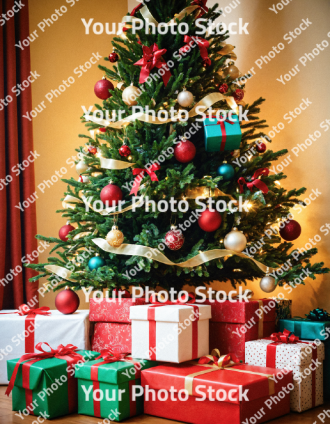 Stock Photo of Christmas tree with gifts and decorations