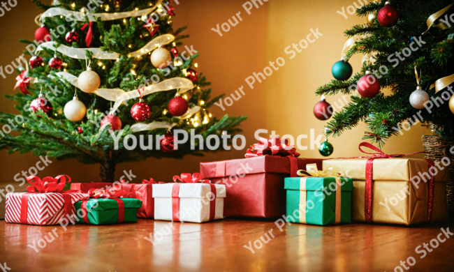 Stock Photo of Christmas tree with gifts and decorations