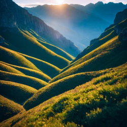 Stock Photo of Landscape sunrise mountains and grass cliffs