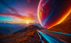 Stock Photo of Road to other planet in sunset sunrise