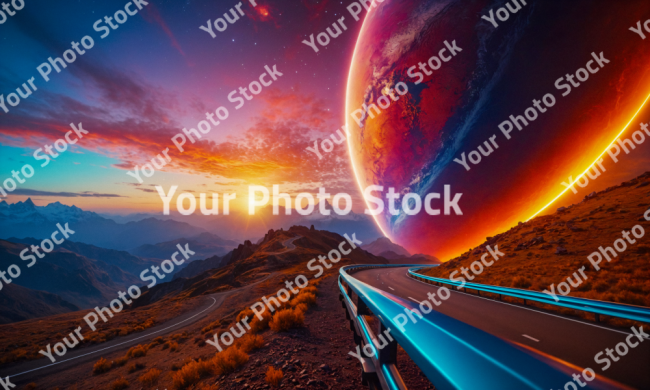 Stock Photo of Road to other planet in sunset sunrise