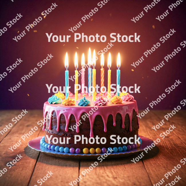 Stock Photo of Birthday cake with candles on wooden table