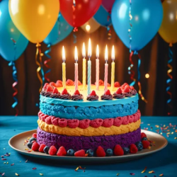 Stock Photo of Birthday cake with candles on wooden table