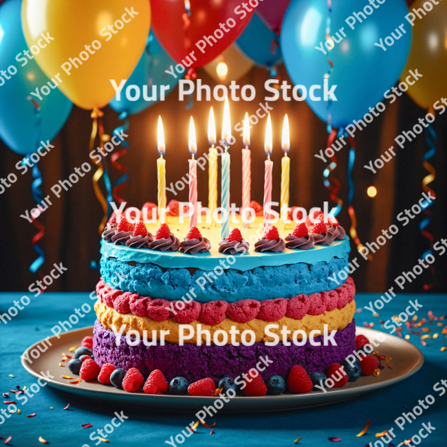 Stock Photo of Birthday cake with candles on wooden table