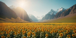 Stock Photo of Landscape of sunflowers in the mountains