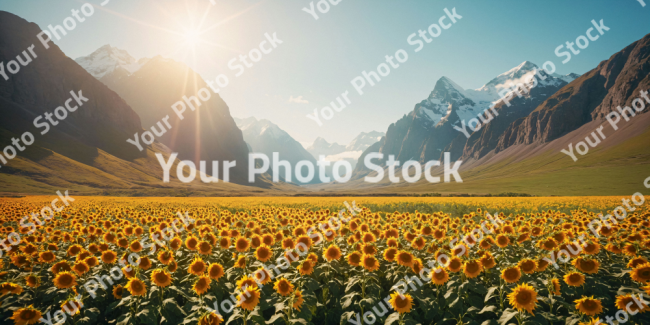 Stock Photo of Landscape of sunflowers in the mountains