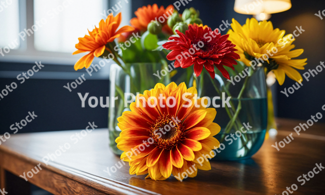 Stock Photo of Flowers in a glass vase interior room window