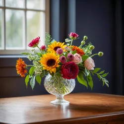 Stock Photo of Flowers in a glass vase interior room window