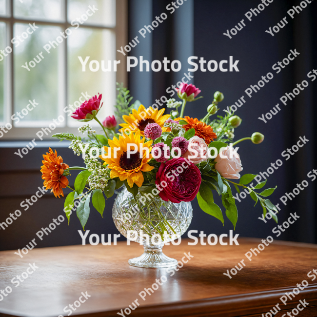 Stock Photo of Flowers in a glass vase interior room window