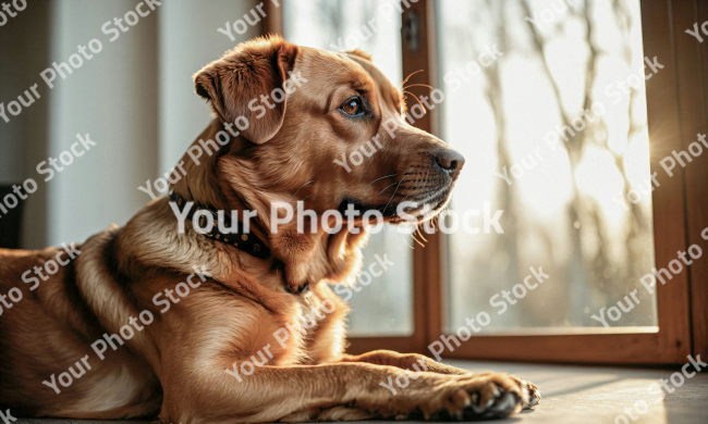 Stock Photo of Dog pet in the room sunset