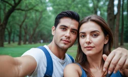 Couple in the park selfie young man and woman